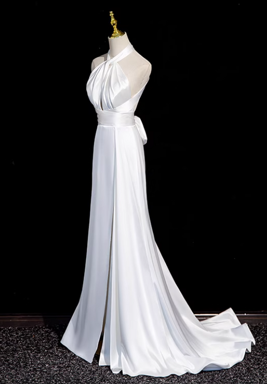 Vestido formal largo de sirena de satén con cuello halter blanco, vestido de novia blanco ED0939