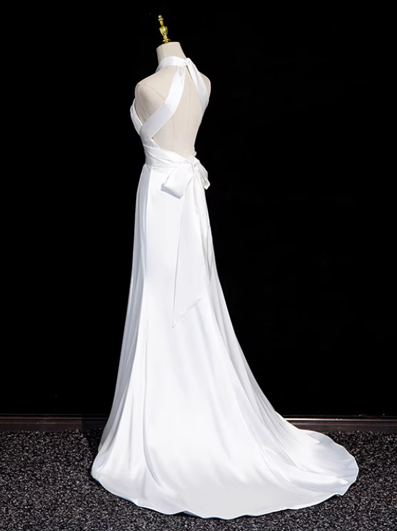 Vestido formal largo de sirena de satén con cuello halter blanco, vestido de novia blanco ED0939