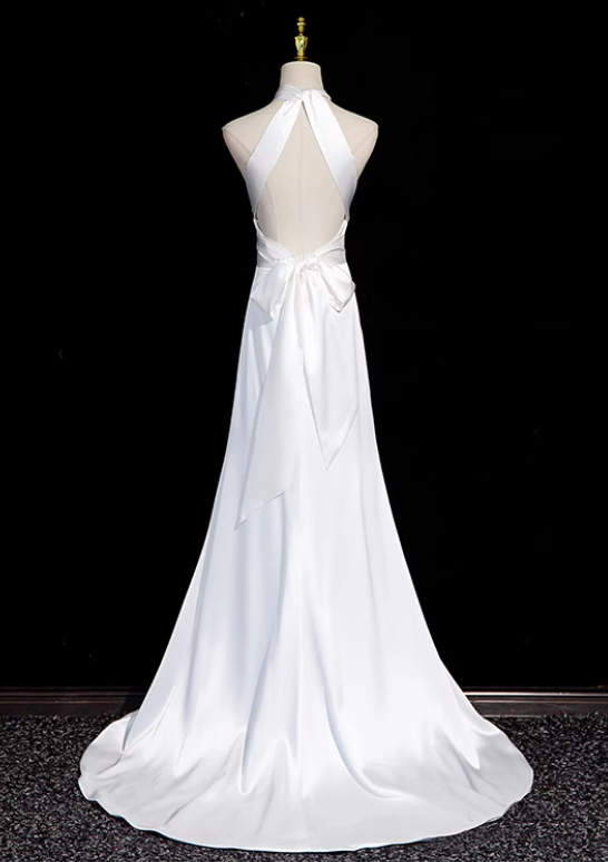 Vestido formal largo de sirena de satén con cuello halter blanco, vestido de novia blanco ED0939