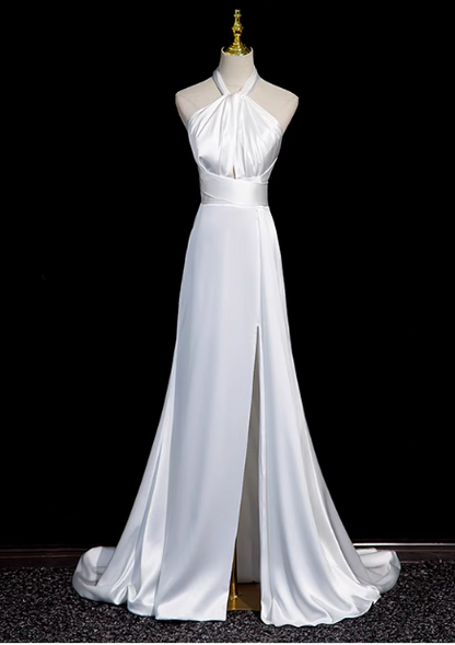 Vestido formal largo de sirena de satén con cuello halter blanco, vestido de novia blanco ED0939