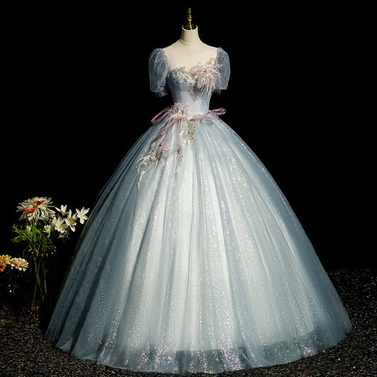 Gray blue A-line tulle sequins formal long dress, gray blue evening dress ED0940