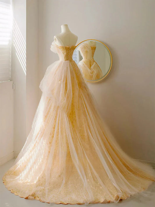 A-Line Tulle Lace Champagne Long Prom Dress, Champagne Long Formal Dress ED0942