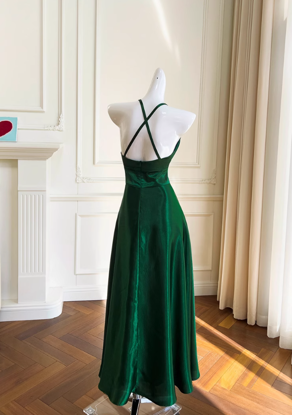 Green A-line V-neck Satin Short Formal Dress, Green Homecoming Dress ED0945