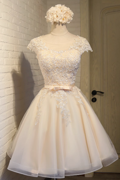 Vestido de fiesta de tul con encaje bordado en color champán, corte A, vestido de dama de honor color champán ED0948