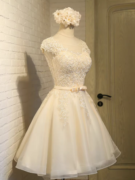 Vestido de fiesta de tul con encaje bordado en color champán, corte A, vestido de dama de honor color champán ED0948