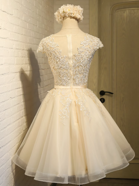 Vestido de fiesta de tul con encaje bordado en color champán, corte A, vestido de dama de honor color champán ED0948