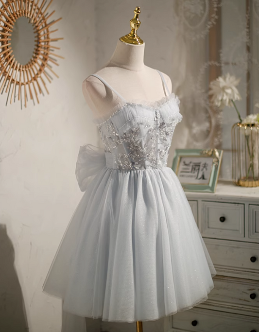 Vestido de fiesta gris de corte A con malla, lentejuelas y cuentas, vestido de fiesta gris ED0949