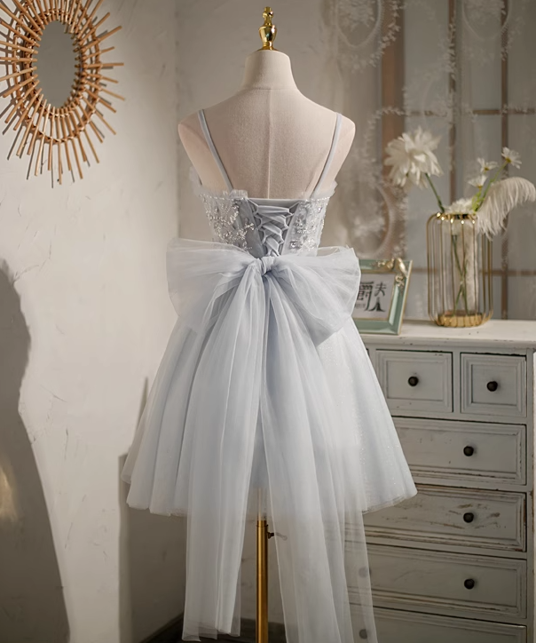 Vestido de fiesta gris de corte A con malla, lentejuelas y cuentas, vestido de fiesta gris ED0949