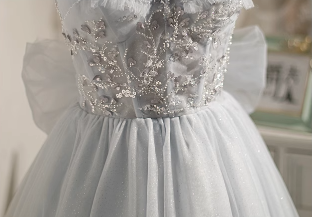 Vestido de fiesta gris de corte A con malla, lentejuelas y cuentas, vestido de fiesta gris ED0949