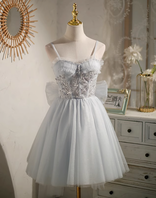 Vestido de fiesta gris de corte A con malla, lentejuelas y cuentas, vestido de fiesta gris ED0949