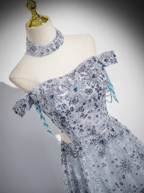 Vestido de fiesta largo de tul gris con corte en A y hombros descubiertos, vestido de noche gris ED0963