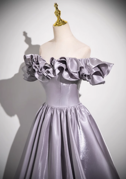 Gray Purple A-line Off-shoulder Satin Long Prom Dress, Gray Purple  Evening Dress ED0964