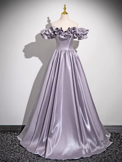 Gray Purple A-line Off-shoulder Satin Long Prom Dress, Gray Purple  Evening Dress ED0964