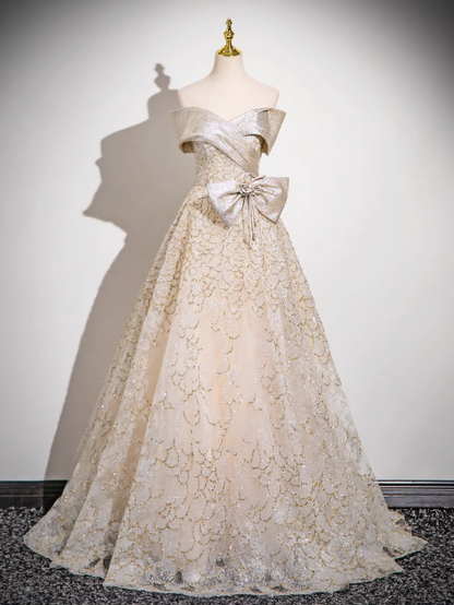 Vestido de fiesta largo de satén con lentejuelas y tul, corte A y hombros descubiertos, vestido de noche ED0968
