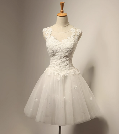 Vestido de fiesta corto de tul blanco con encaje en forma de A, vestido de dama de honor blanco ED0970