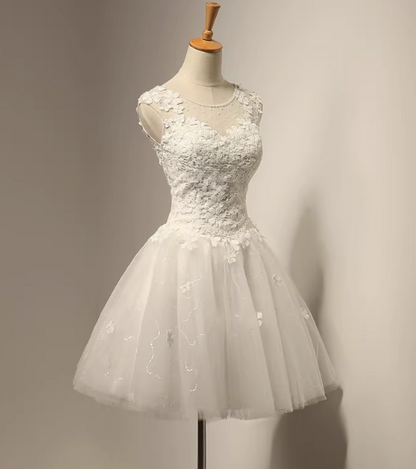 Vestido de fiesta corto de tul blanco con encaje en forma de A, vestido de dama de honor blanco ED0970