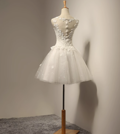 Vestido de fiesta corto de tul blanco con encaje en forma de A, vestido de dama de honor blanco ED0970