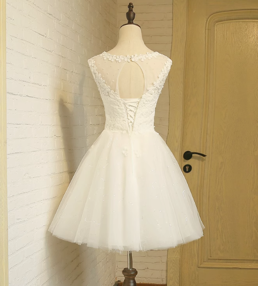 Vestido de fiesta corto de tul blanco con encaje en forma de A, vestido de dama de honor blanco ED0970