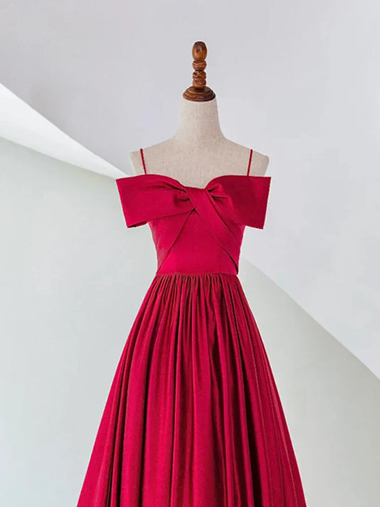 Vestido de fiesta largo de satén rojo con hombros descubiertos y corte en A, vestido de noche rojo ED0992