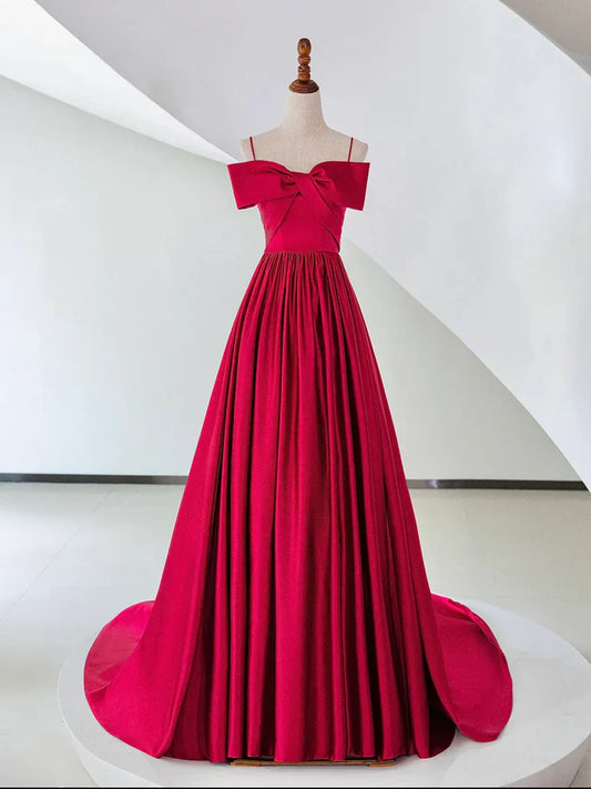 Vestido de fiesta largo de satén rojo con hombros descubiertos y corte en A, vestido de noche rojo ED0992