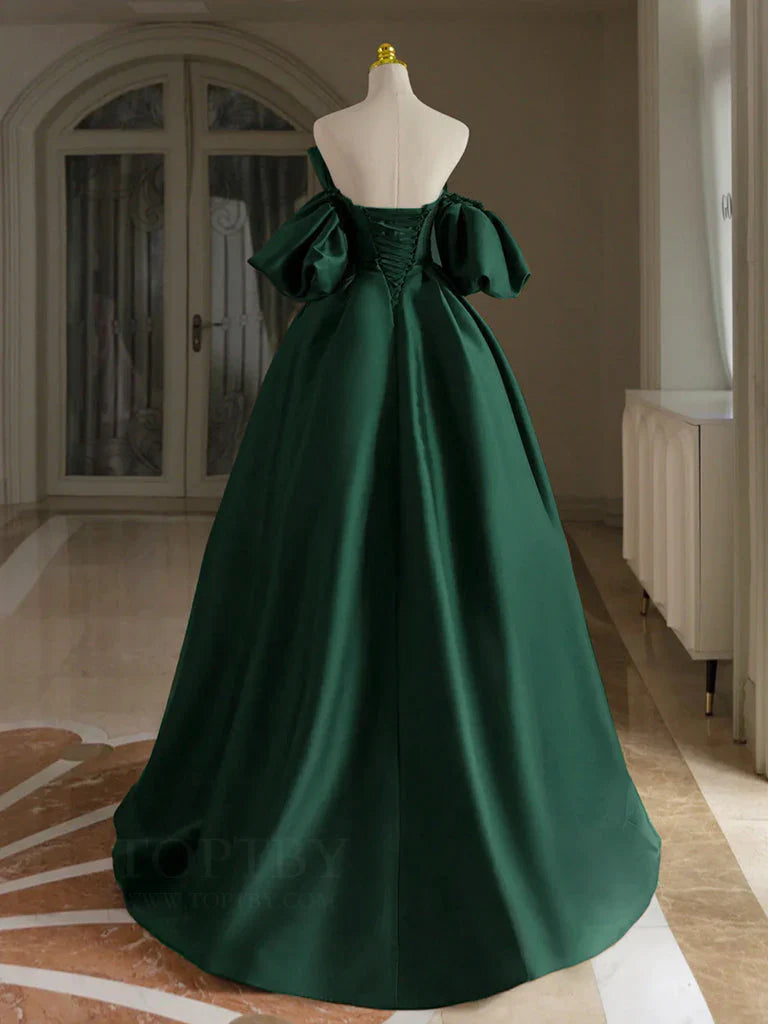 Vestido de fiesta largo de satén verde con hombros descubiertos y corte en A, vestido formal largo verde ED0993