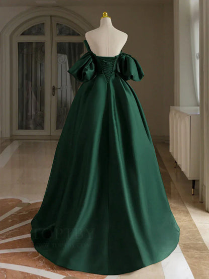 Vestido de fiesta largo de satén verde con hombros descubiertos y corte en A, vestido formal largo verde ED0993