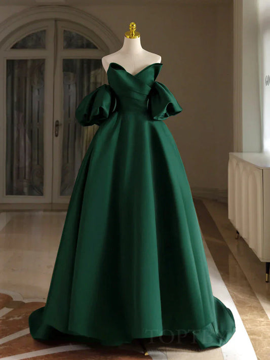 Vestido de fiesta largo de satén verde con hombros descubiertos y corte en A, vestido formal largo verde ED0993