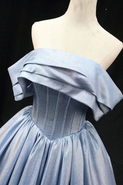 Vestido de fiesta largo de satén azul grisáceo, elegante vestido de noche con hombros descubiertos ED0995