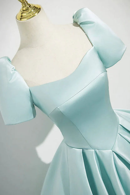 Vestido de fiesta largo de satén con corte en A, hermoso vestido de noche azul de manga corta ED0996