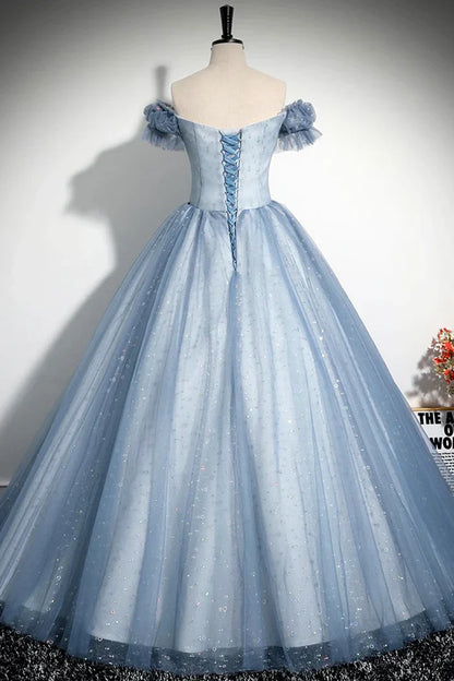Gray Blue  A-Line Tulle Sequins Long Prom Dress, Beautiful Gray Blue Evening Party Dress ED0997