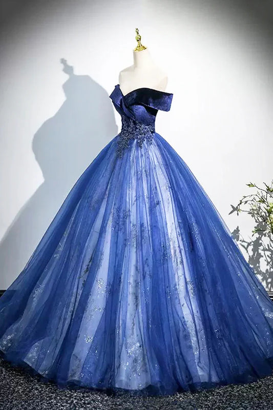 Vestido de fiesta largo de tul y terciopelo azul con corte en A, elegante vestido de fiesta con hombros descubiertos ED0998
