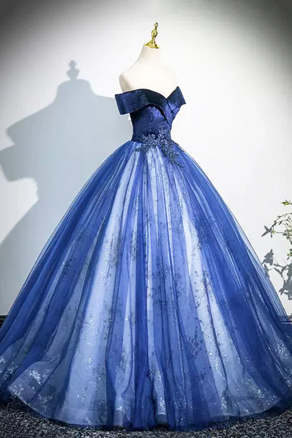 Vestido de fiesta largo de tul y terciopelo azul con corte en A, elegante vestido de fiesta con hombros descubiertos ED0998