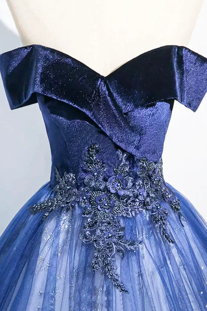Vestido de fiesta largo de tul y terciopelo azul con corte en A, elegante vestido de fiesta con hombros descubiertos ED0998