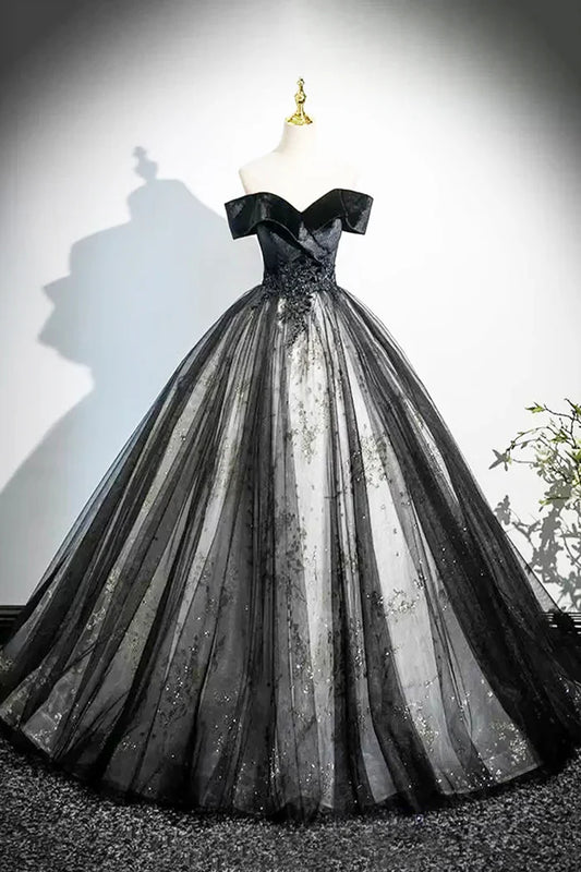 Vestido de fiesta largo de tul y terciopelo negro con corte en A, elegante vestido de fiesta con hombros descubiertos ED0999