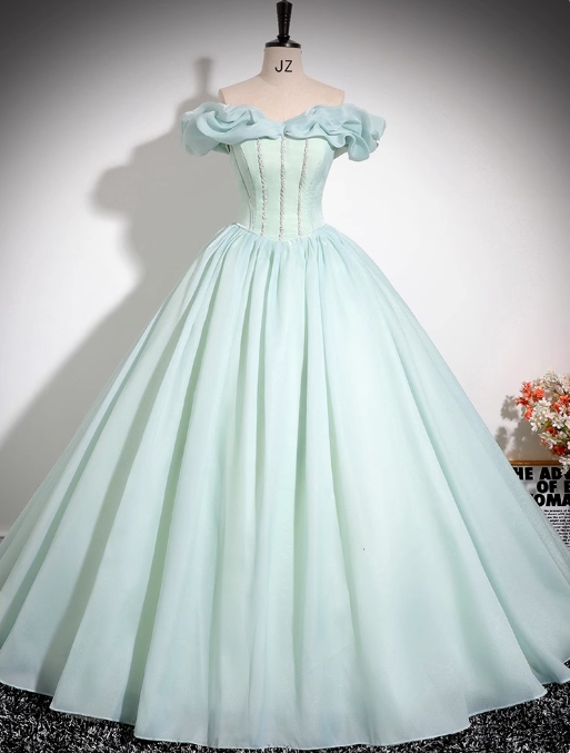 Vestido largo de fiesta verde menta de organza con cuentas y hombros descubiertos, corte A, para quinceañeras ED01475