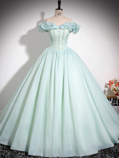 Vestido largo de fiesta verde menta de organza con cuentas y hombros descubiertos, corte A, para quinceañeras ED01475