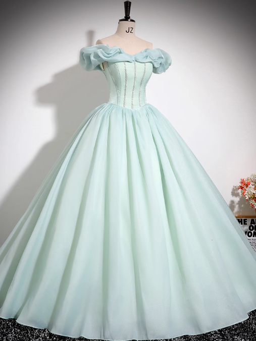 Mint Green A-line Off-shoulder Organza Beaded Long Prom Dress, Sweet 16 Dress ED01475