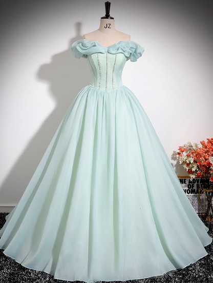 Vestido largo de fiesta verde menta de organza con cuentas y hombros descubiertos, corte A, para quinceañeras ED01475
