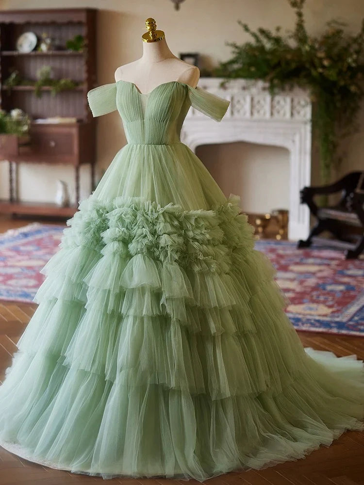 Vestido de fiesta largo de tul verde con escote corazón y hombros descubiertos, corte A, ED059
