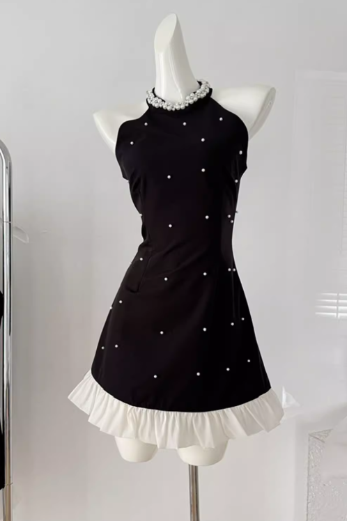 Vestido de fiesta negro de corte A con cuello halter y cuentas, vestido de regreso a casa ED0959