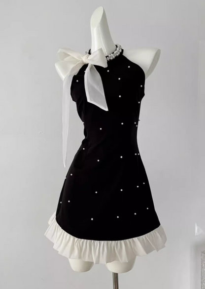 Vestido de fiesta negro de corte A con cuello halter y cuentas, vestido de regreso a casa ED0959
