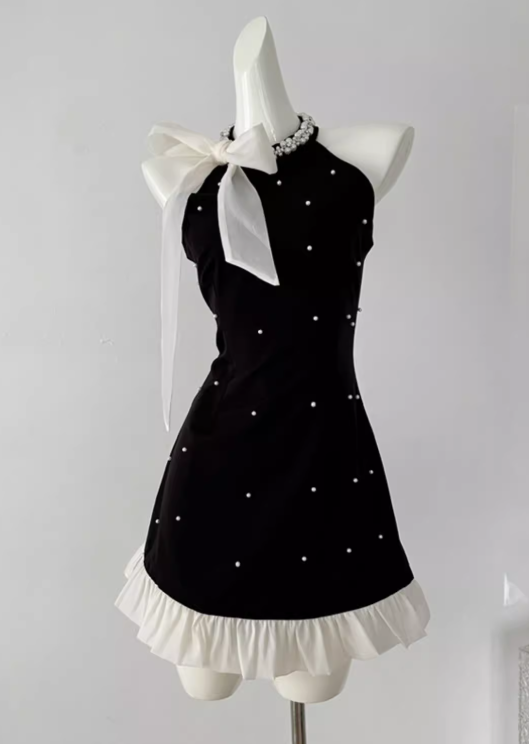 Vestido de fiesta negro de corte A con cuello halter y cuentas, vestido de regreso a casa ED0959