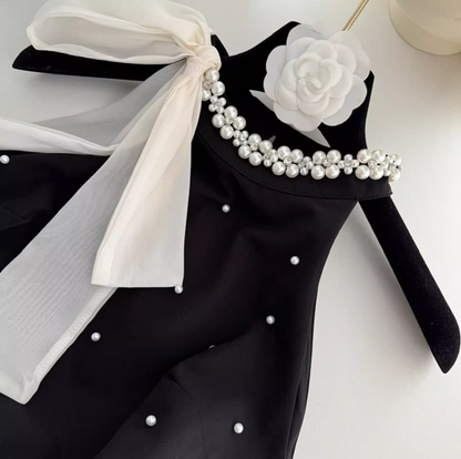 Vestido de fiesta negro de corte A con cuello halter y cuentas, vestido de regreso a casa ED0959