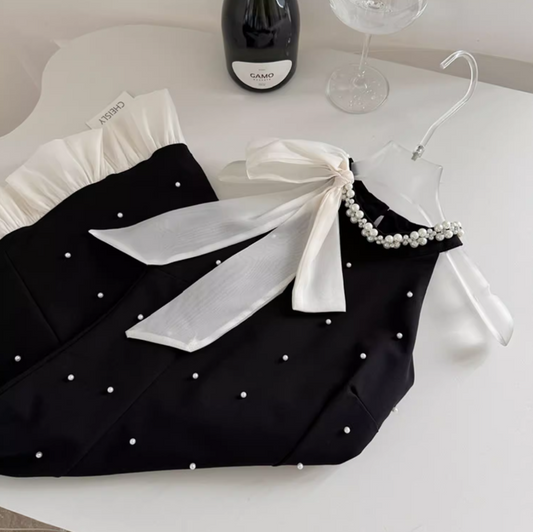 Vestido de fiesta negro de corte A con cuello halter y cuentas, vestido de regreso a casa ED0959