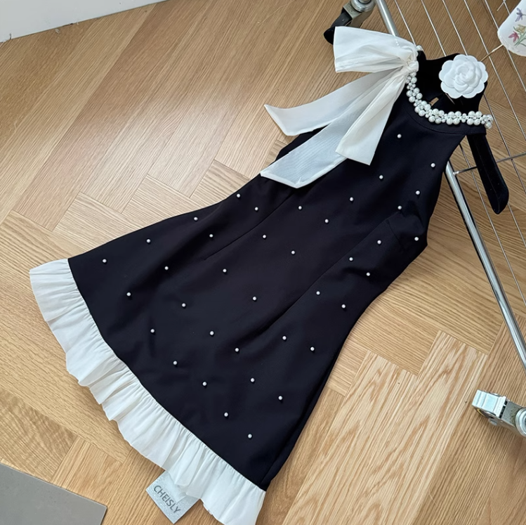 Vestido de fiesta negro de corte A con cuello halter y cuentas, vestido de regreso a casa ED0959