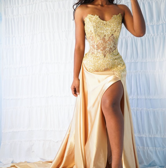 Gorgeous Mermaid Sweetheart Neck Lace Champagne Satin Prom Dress Evening Dress SH2285