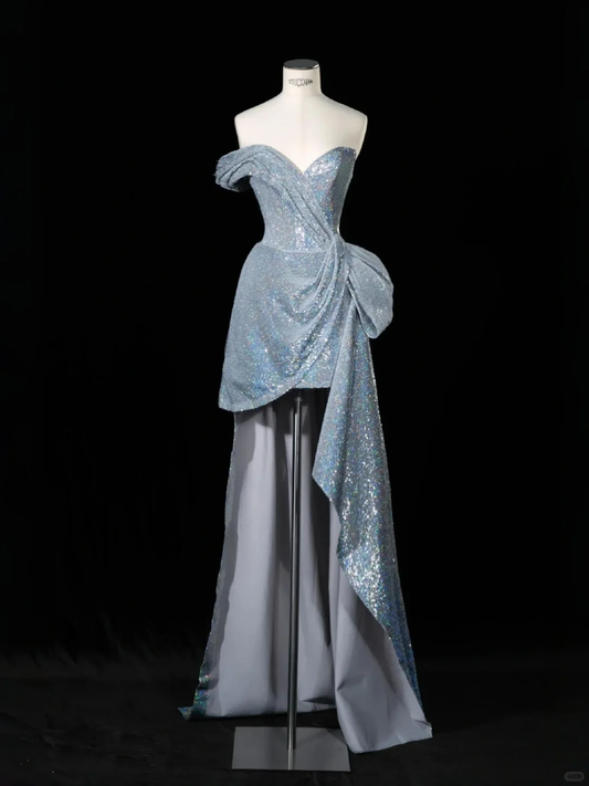 Glitter Blue Off The Shoulder Sequins Birthday Dress Formal Graduation Homecoming Dress S478