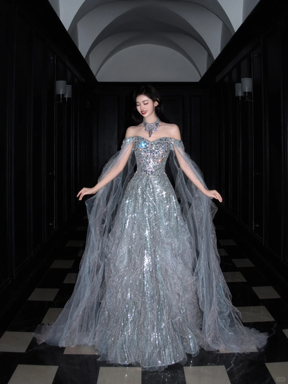 Shiny Exquisite Beaded A Line Off the Shoulder Grey Tulle Long Evening Dress Ball Gown SH3488