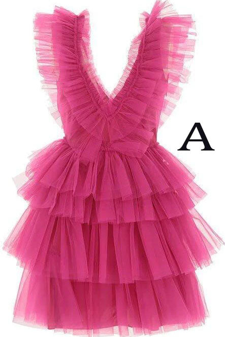 Vestido de fiesta rosa con escote en V y corte A, con capas, de tul, corto