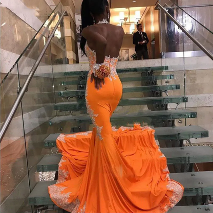 Hermoso vestido de fiesta naranja de sirena para niñas negras. Vestidos de baile de invierno.